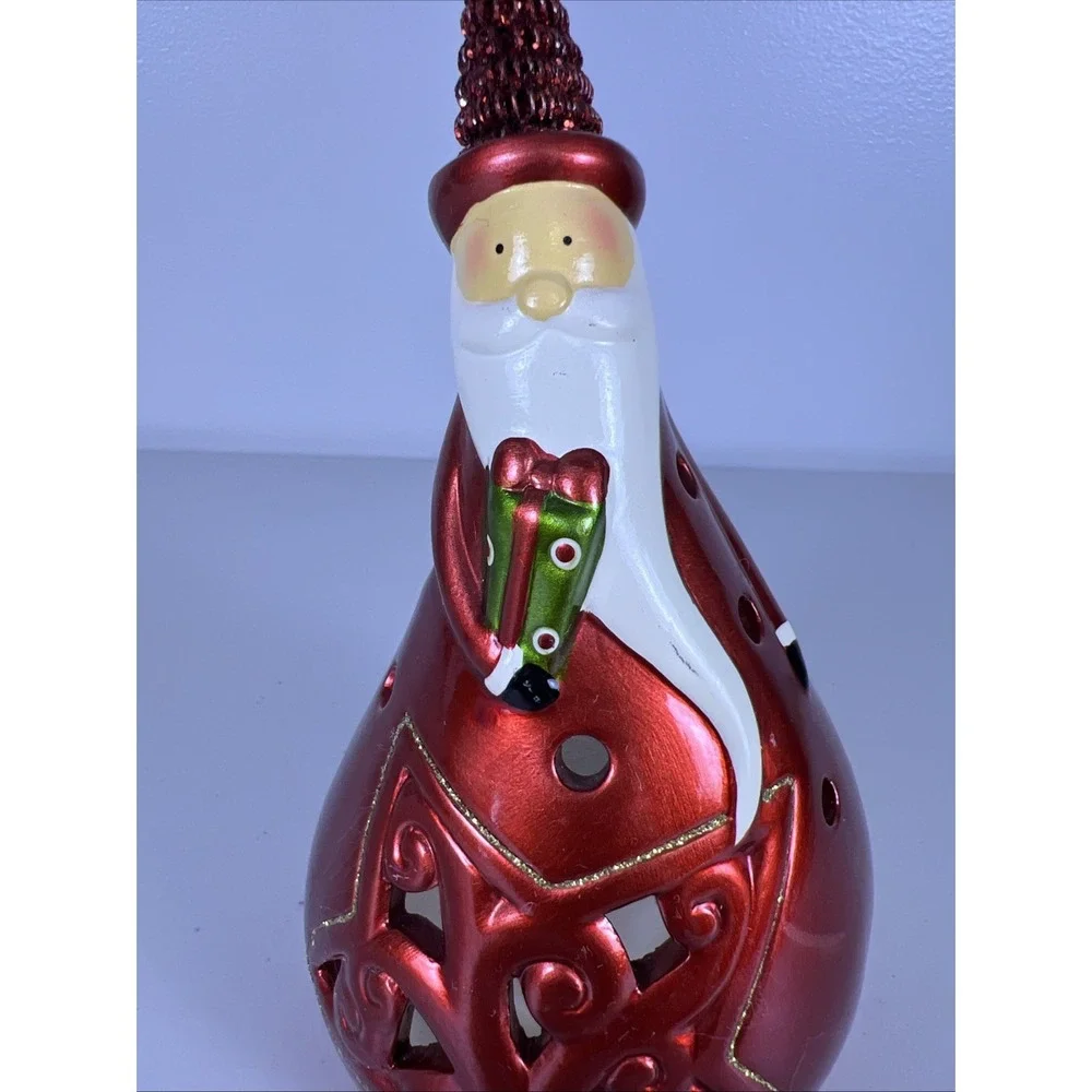 Pier 1 Santa Claus Tea Light Candle Holder Metallic Red Ceramic Figurine Bell